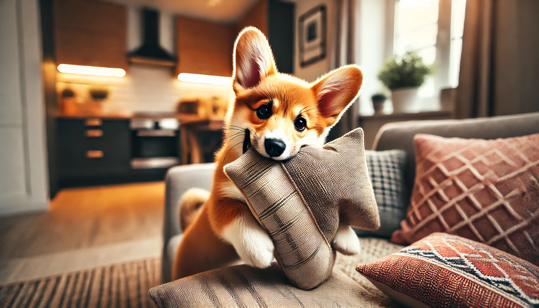 강아지가 쿠션을 물고 있는 모습