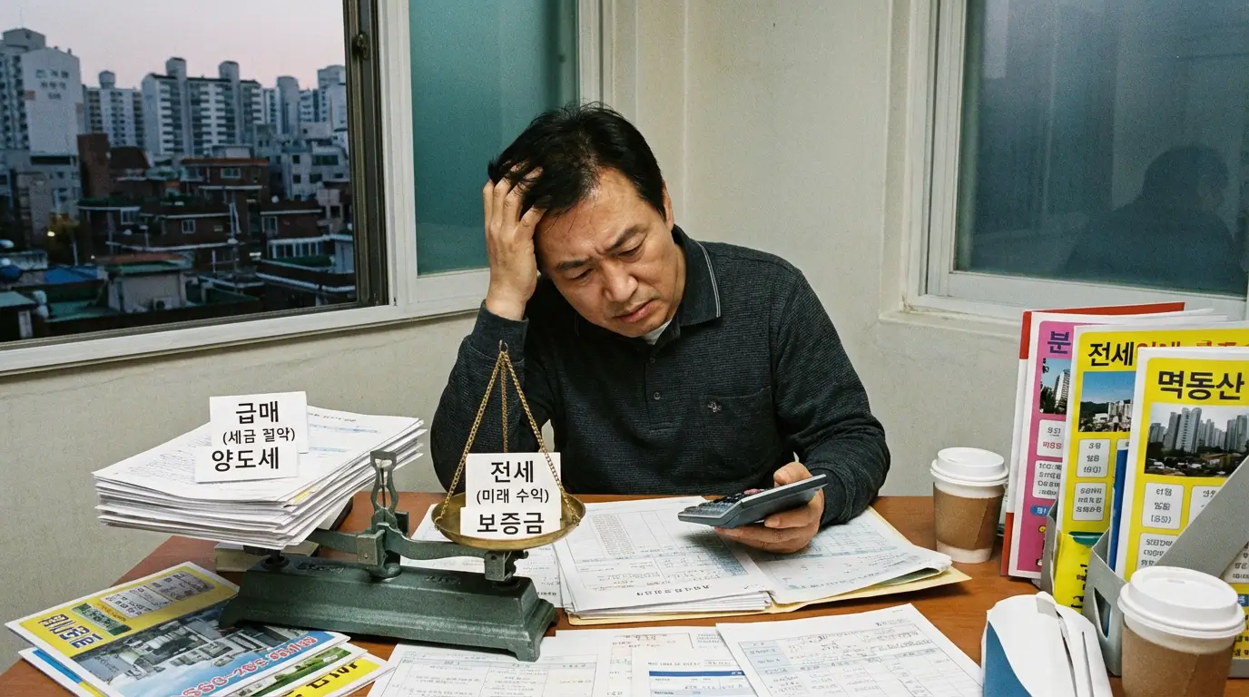 급매로 팔아 세금을 아낄지 전세를 놓고 기다릴지 저울질하며 계산기를 두드리는 모습