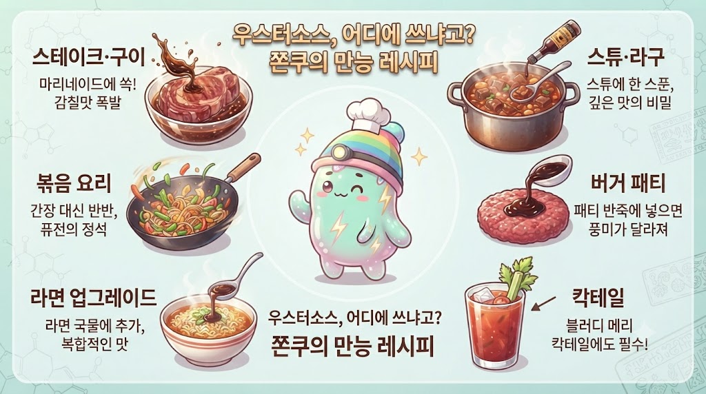 쫀쿠의 요리 교실, 이번엔 우스터셔 소스 활용법을 마스터합니다! 스테이크 마리네이드, 깊은 맛을 내는 스튜&middot;라구, 퓨전 요리를 위한 볶음면, 풍미를 더하는 버거 패티, 그리고 한국인의 소울푸드 라면 업그레이드까지 &mdash; 우스터셔 소스 한 스푼으로 요리의 깊이를 더하는 6가지 마법 같은 순간을 귀여운 일러스트로 정리했습니다.