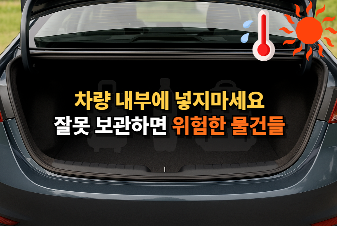 트렁크를 연 자동차 사진에 위험 물품 그림자와 경고 문구가 포함된 이미지, 고온 시 보관 금지 물품 주의 이미지