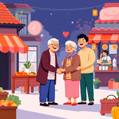 야시장이나 마을 장터를 배경으로 치매 노부부가 서로 손을 잡고 환하게 웃고 있고 젊은이가 길안내를 해주는 모습.