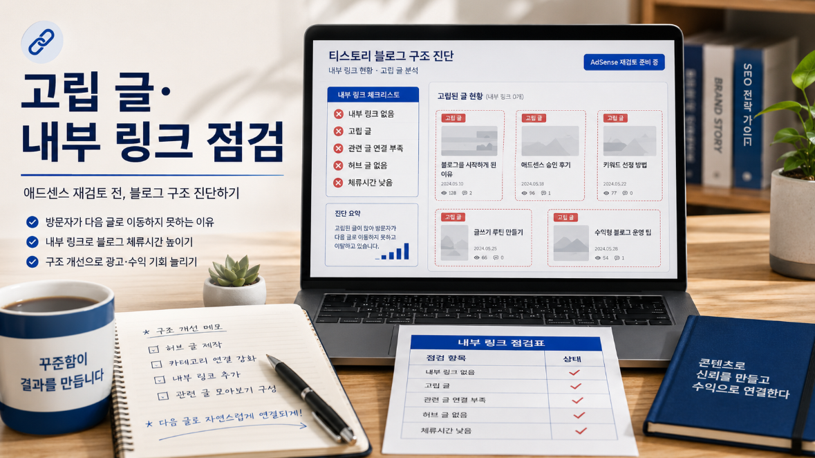 애드센스 재심사 전 티스토리 고립 글과 내부 링크 부족 문제를 점검하는 블로거 이미지