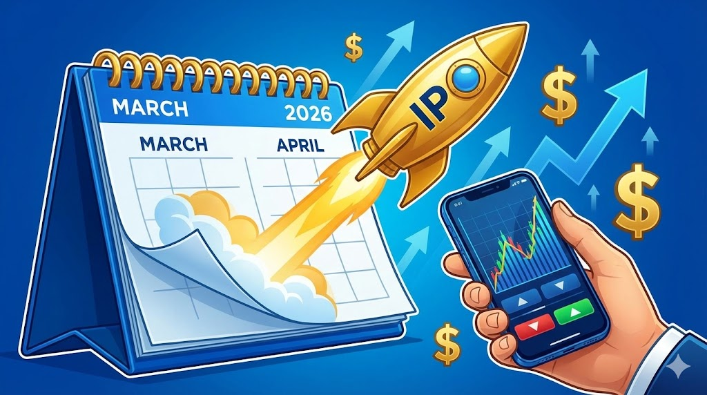 2026년 3월 4월 공모주 일정과 수익 상승을 상징하는 황금 로켓 및 주식 차트 일러스트