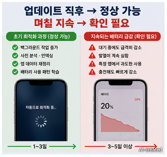 iOS 26.5 업데이트 후 정상 최적화와 실제 배터리 문제를 비교하는 이미지