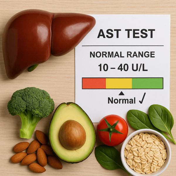 간 모형과 정상 간 수치를 상징하는 검사 수치 표, 건강한 식품이 함께 놓인 실사 기반 건강 블로그 이미지.