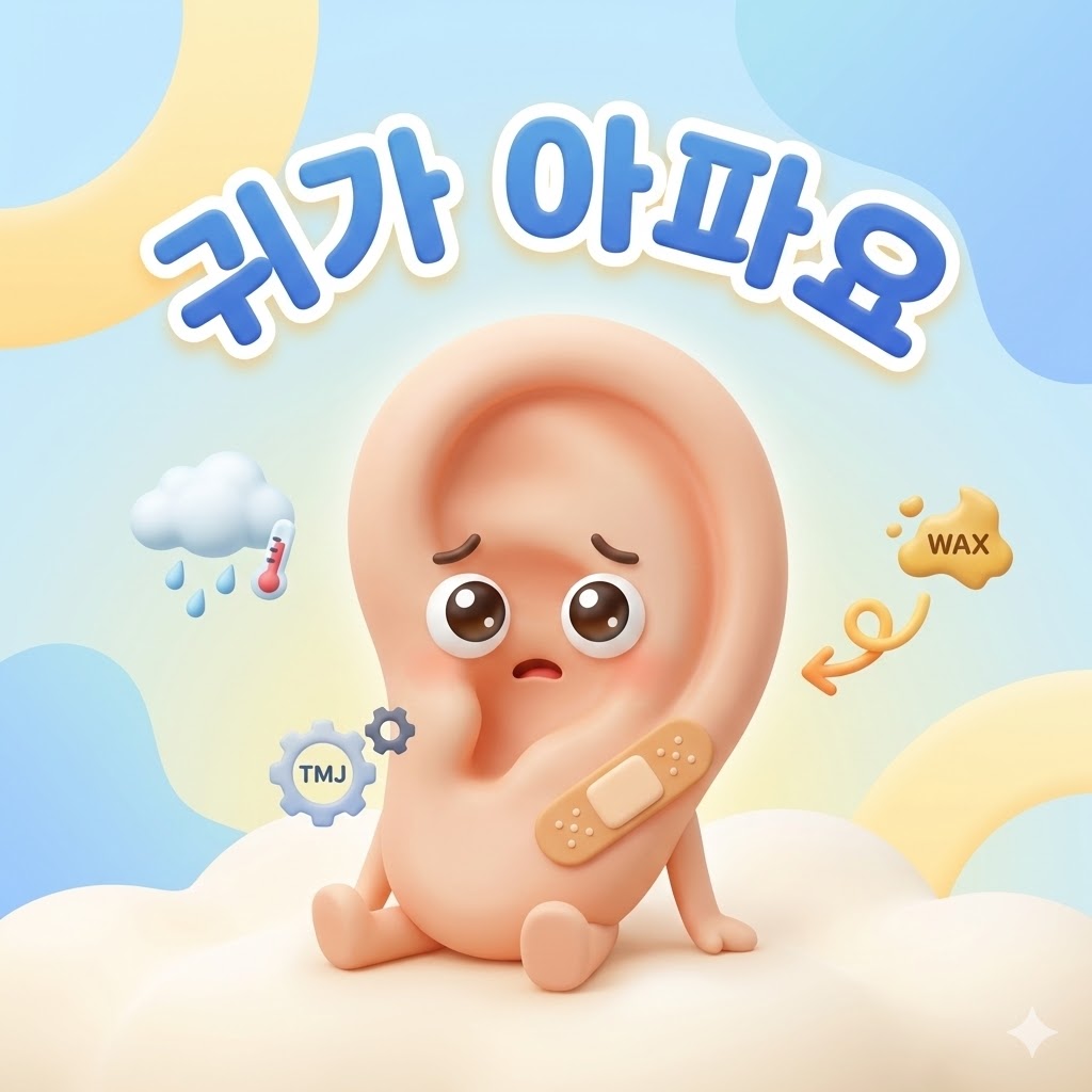 반창고를 붙인 귀여운 귀 캐릭터가 턱관절 문제, 감기 등 귀 통증 원인을 암시하는 요소들 사이에 있는 3D 카툰 일러스트. '귀가 아파요'라는 글자가 보임.
