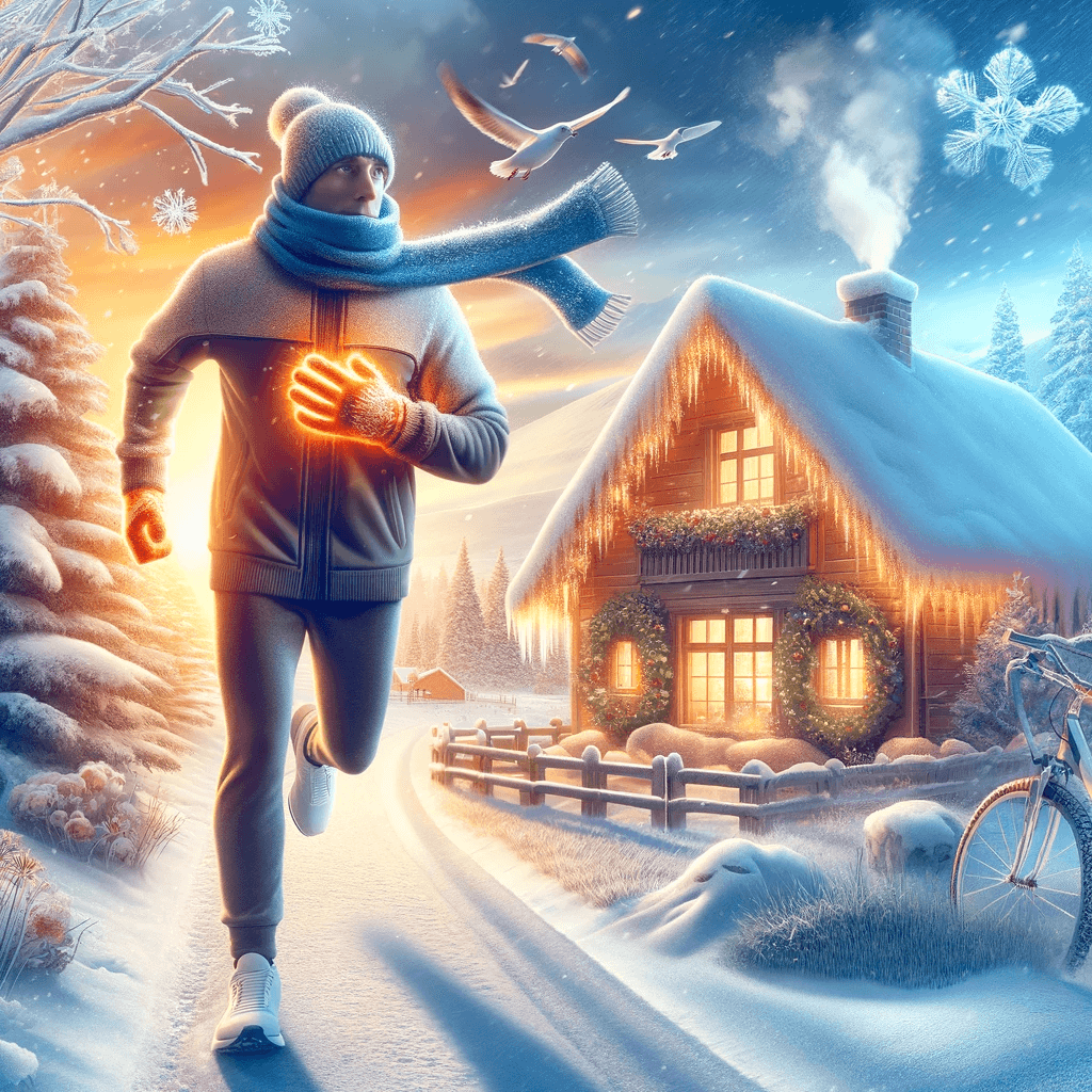 눈길에서 달리기 운동을 하며 수족냉증을 이겨내는 남성 이미지