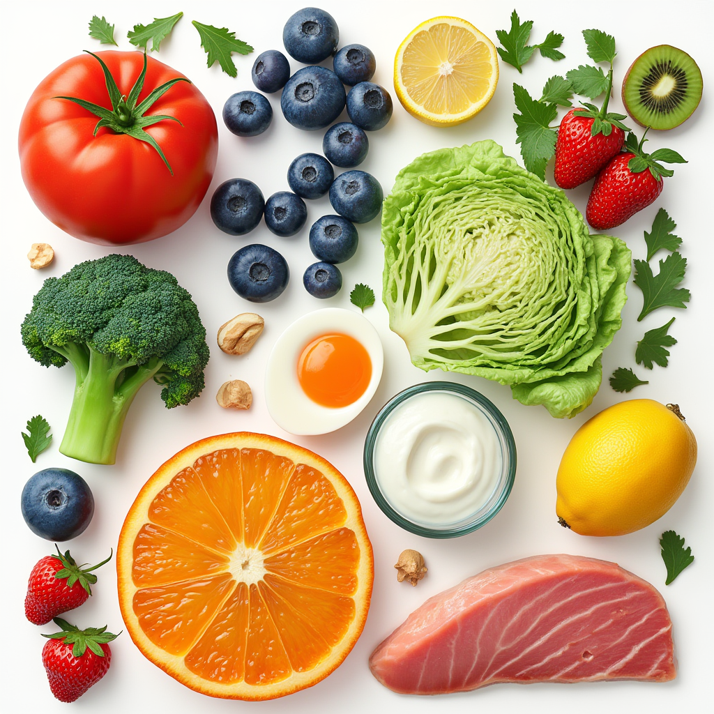 면역력 강화에 좋은 식품 중 토마토, 레몬, 브로콜리 등 균형있게 배치되어 있는 모습