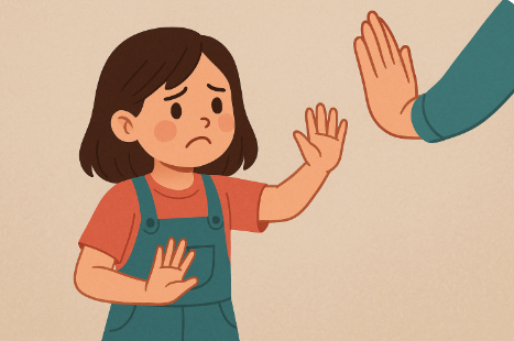 어린이가 슬픈 표정으로 싫다는 손짓을 하는 모습