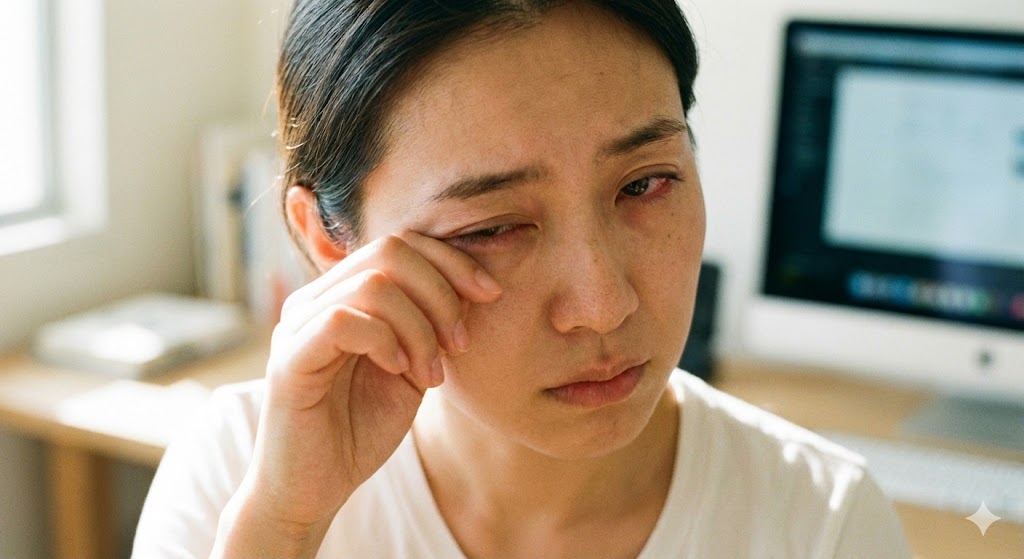 피로하고-충혈된-눈을-손등으로-강하게-비비고-있는-사람의-클로즈업-모습으로-각막-손상과-시력-저하의-위험성을-경고하는-이미지