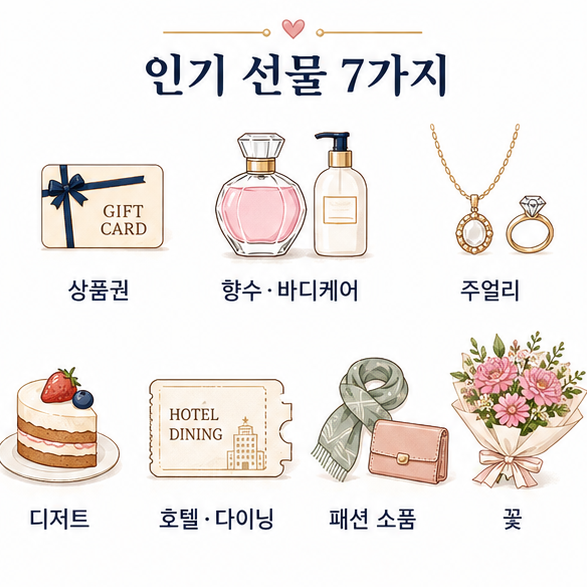 상품권, 향수와 바디케어, 주얼리, 디저트, 호텔 이용권, 패션 소품, 꽃으로 구성한 생일선물 목록