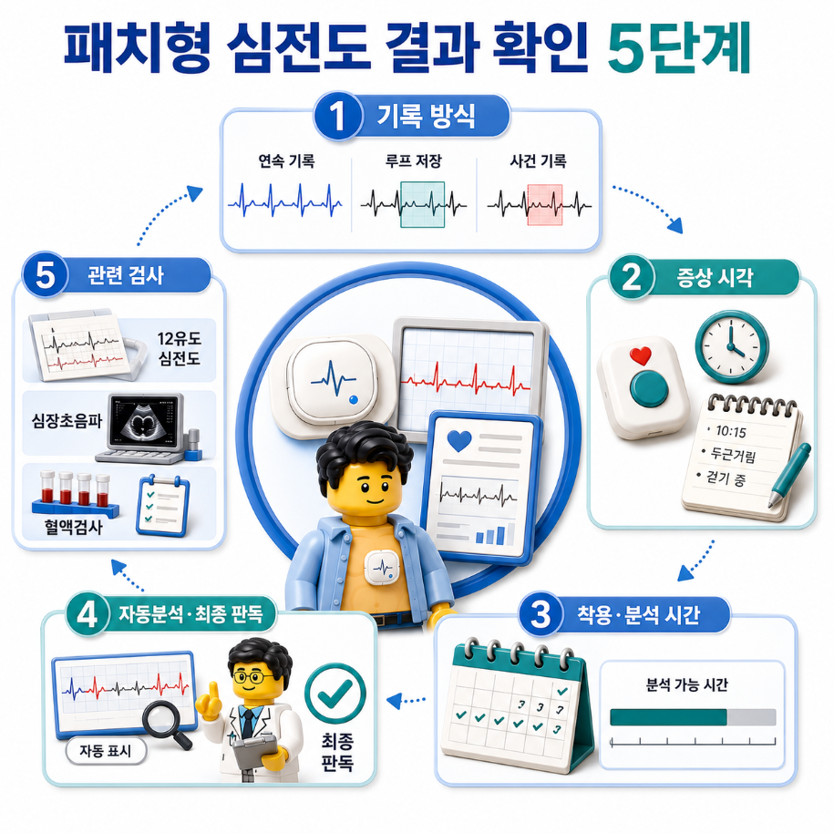 패치형 심전도 결과 확인 5단계와 기록 방식, 증상 시각, 착용&middot;분석 시간, 최종 판독, 관련 검사를 요약한 의료 인포그래픽