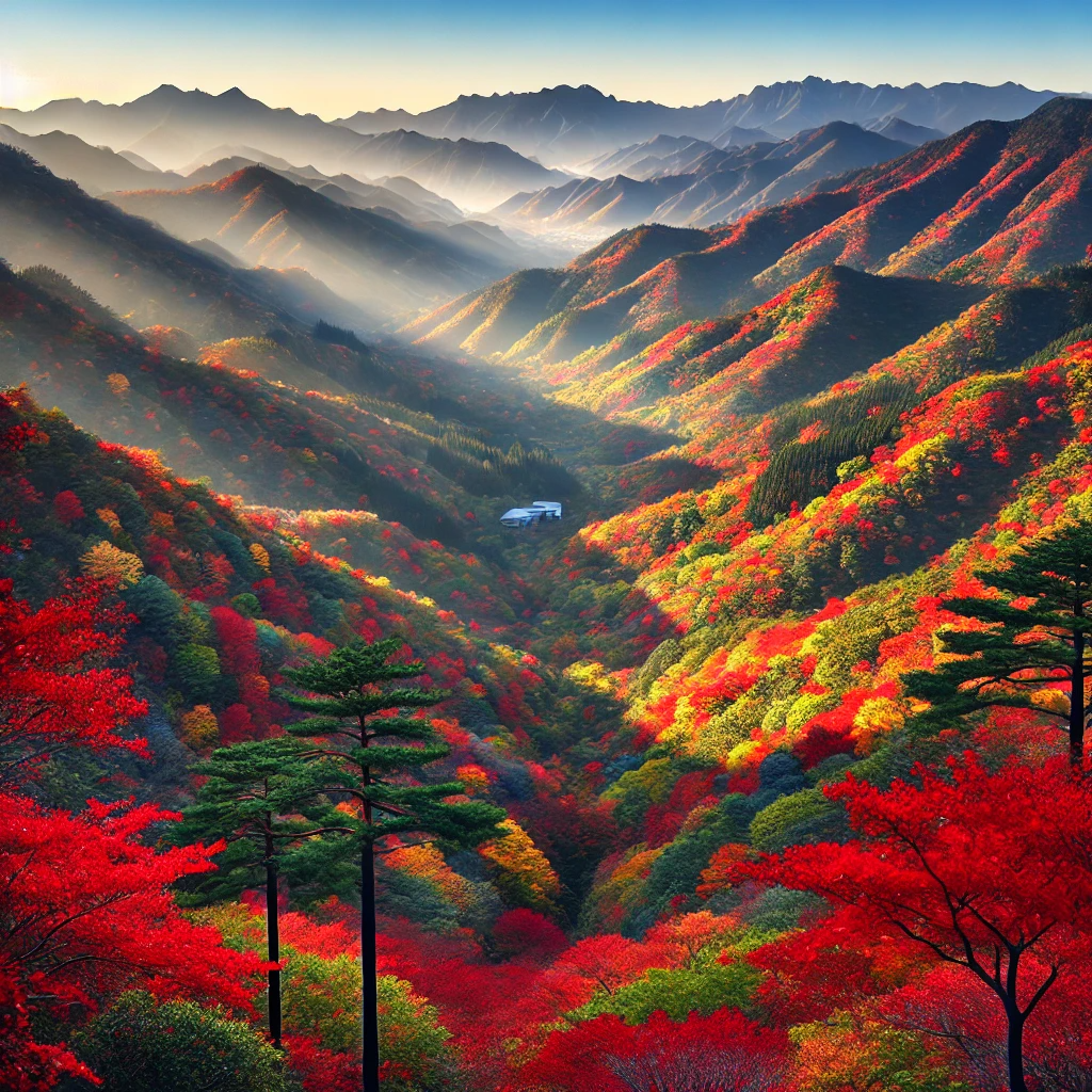 화담숲을 둘러싼 산들이 단풍으로 물든 아름다운 전경