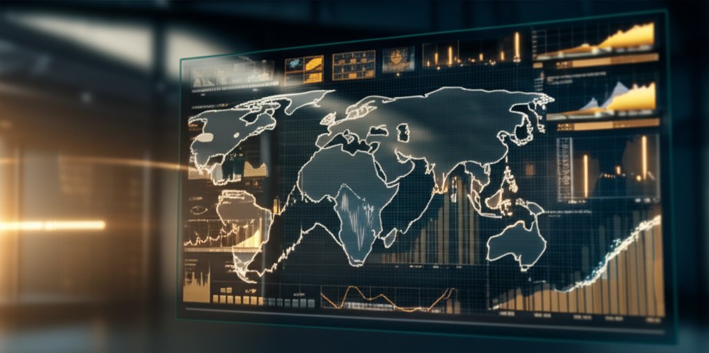 중동 지정학적 긴장이 반영된 금융 시장 대시보드와 세계 지도를 담은 시네마틱 히어로 이미지