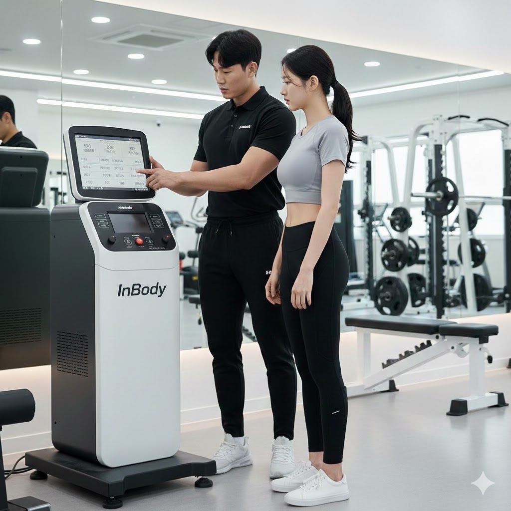 인바디 측정 후 설명을 듣고 있는 여성 사진