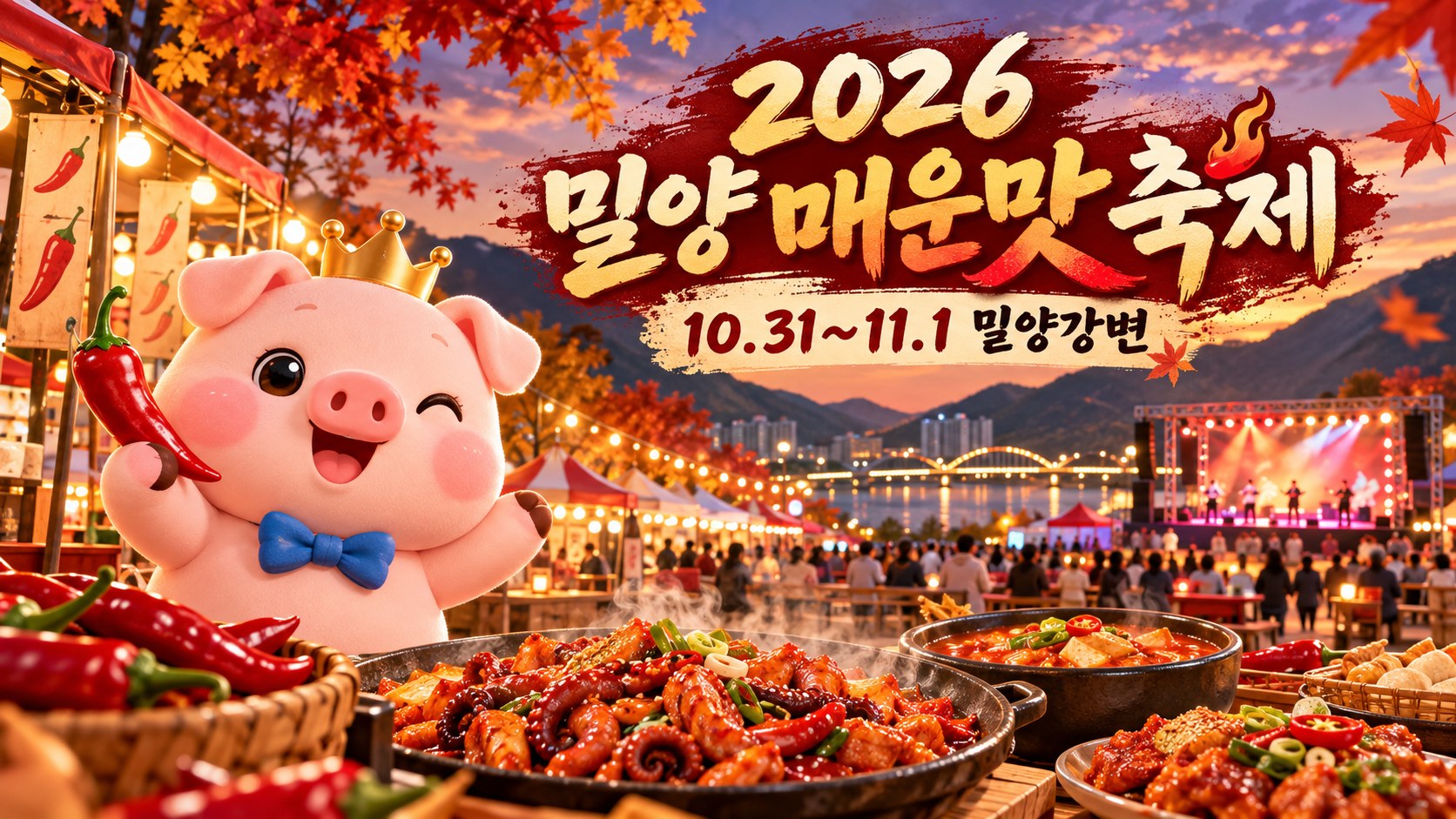 2026 밀양 매운맛 축제 10월 31일부터 11월 1일까지 밀양강변을 소개하는 소소피그 AI 일러스트