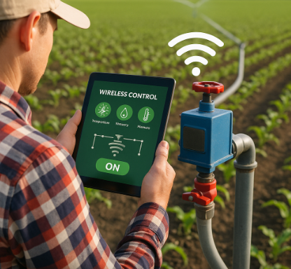 무선 제어 앱이 표시된 태블릿으로 농장 관수 장치를 조작하는 농부