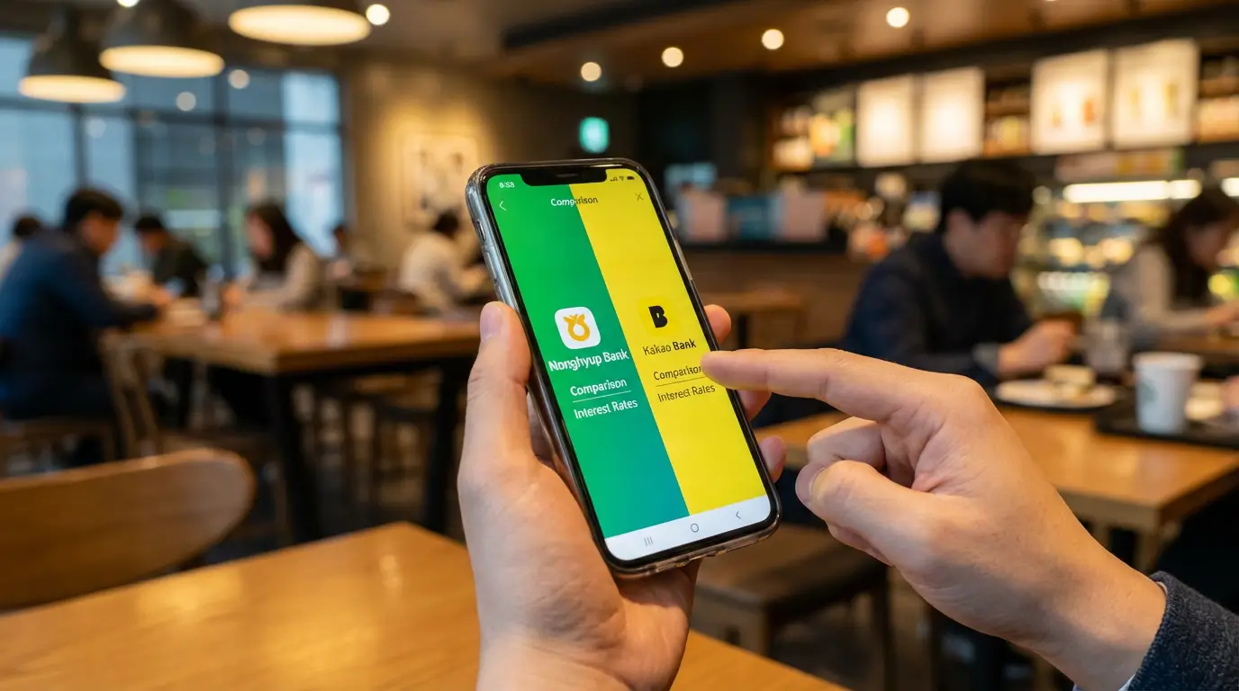 농협 올원뱅크와 카카오뱅크 앱 아이콘을 비교하며 더 유리한 비상금 대출을 선택하는 모습