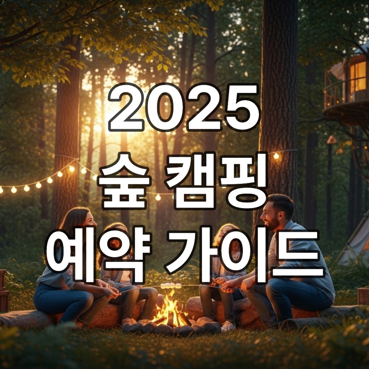 푸른 숲 속에서 캠핑을 즐기는 행복한 가족. 아이와 부모가 모닥불에 둘러앉아 마시멜로를 굽고, 아이는 밤하늘의 별을 보며 웃고 있다. 가족 유대감을 강조하며 자연 친화적인 캠핑 분위기를 담았다.