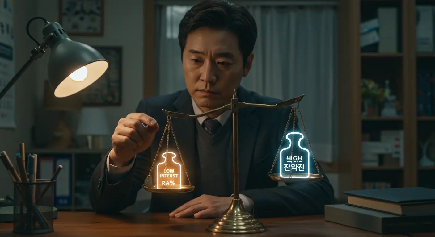 저울 위에서 낮은 이자와 높은 한도를 상징하는 추를 보며 대환대출을 고민하는 한국인 남성