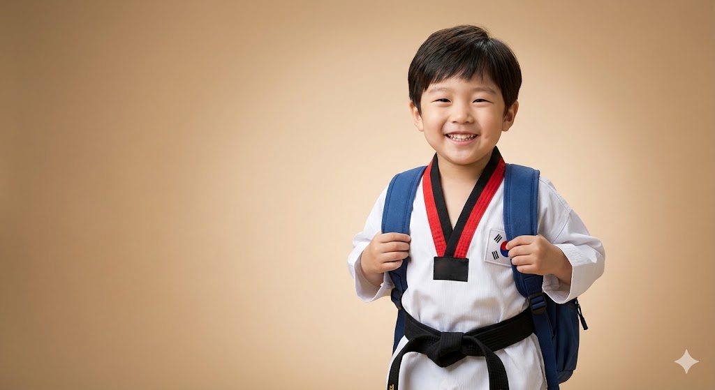 태권도복을 입은 귀여운 아이가 학원 가방을 메고 있는 모습