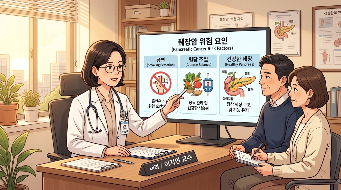 밝고 신뢰감 있는 대학병원 진료실에서 의사 선생님이 컴퓨터 모니터를 통해 담배 독소 차단과 혈당 조절의 중요성을 설명하며 췌장암 발병 원인 가이드 수칙 및 정기 검진 매뉴얼을 환자에게 친절하게 가이드해 주는 2D 일러스트 이미지.