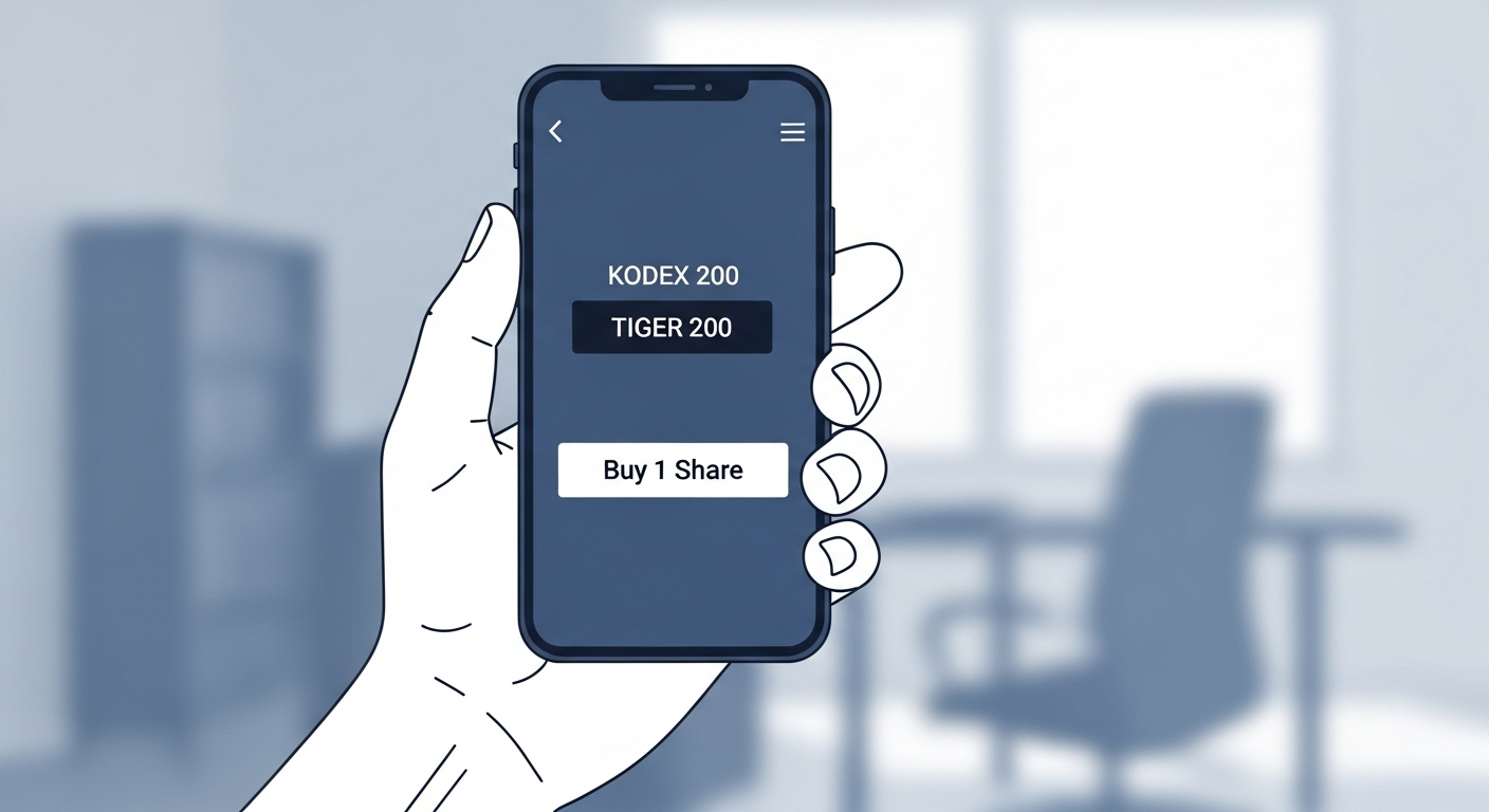 손이 스마트폰을 들고 있는 모습으로, 화면에는 증권사 앱에서 'KODEX 200' 또는 'TIGER 200'을 검색하여 '1주 매수' 버튼을 누르는 장면이 보입니다. 주식 초보도 쉽게 ETF를 매수할 수 있음을 나타냅니다.