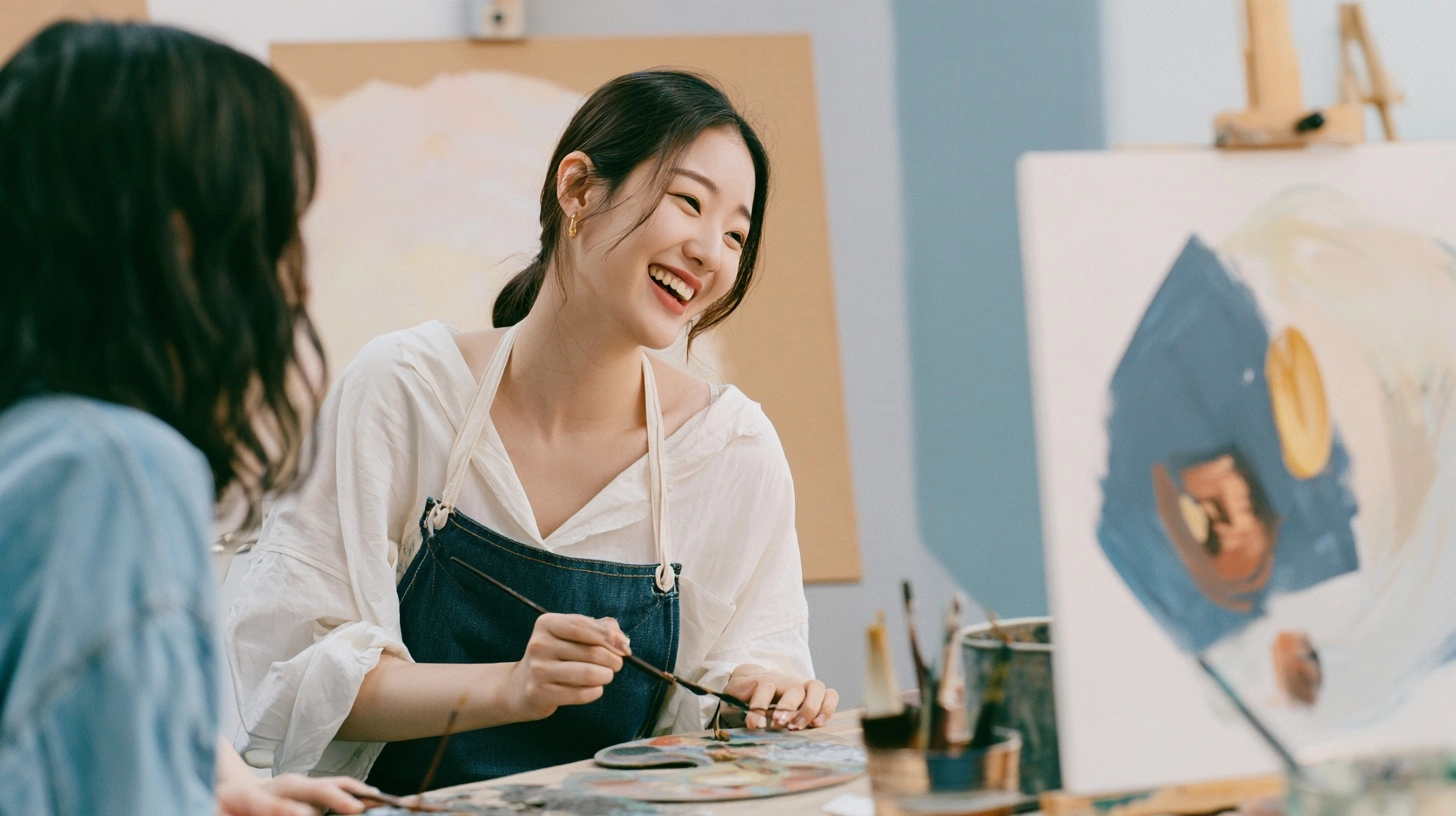 팔레트를 나누며 대화하는 두 사람