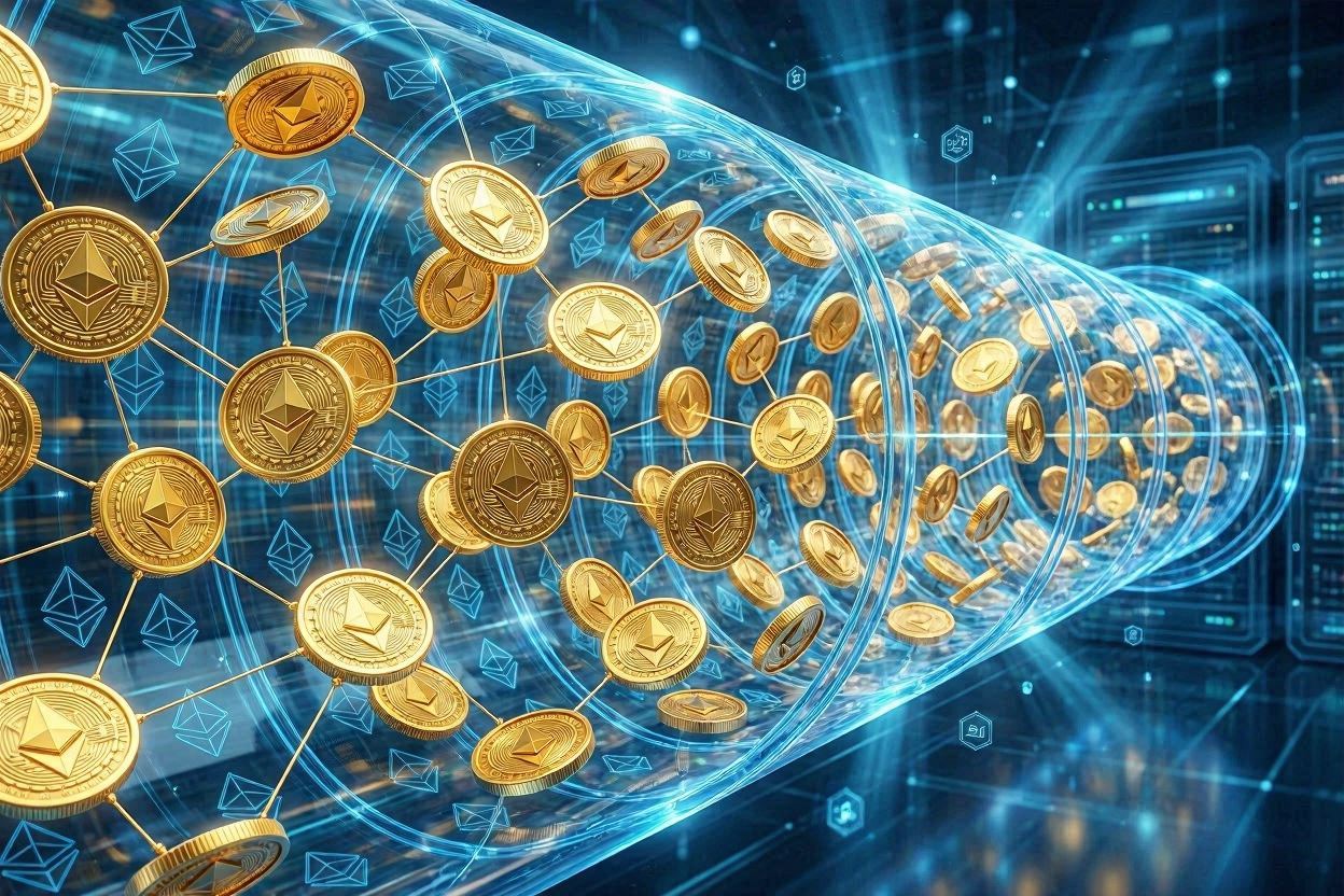 ERC-20 표준을 추상적으로 3D 시각화한 작품으로, 투명한 파란색 이더리움 블록체인 터널을 통해 흐르는 수천 개의 상호 연결된 황금색 디지털 코인으로 표현