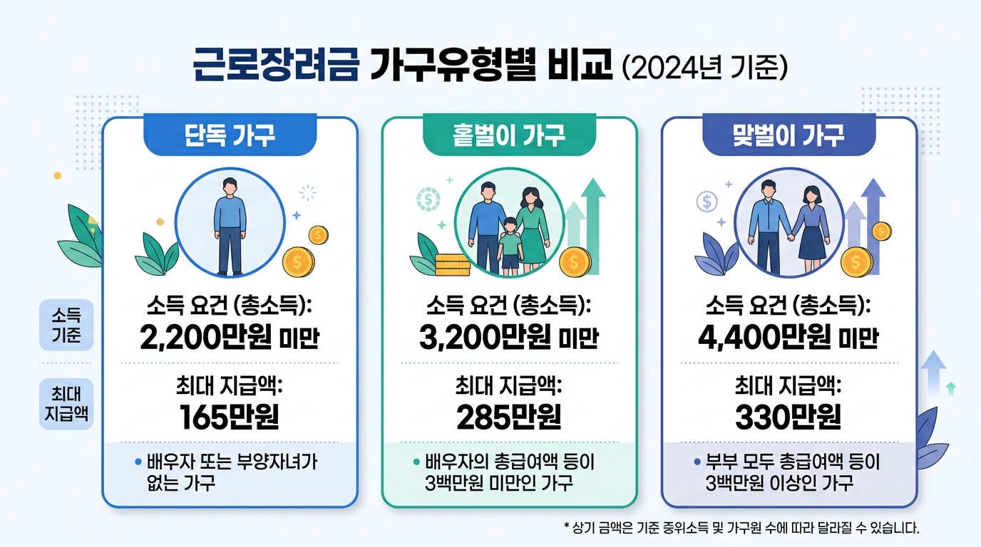 근로장려금 단독 홑벌이 맞벌이 가구 유형별 소득 기준 2200만 3200만 4400만원 최대 지급액 비교
