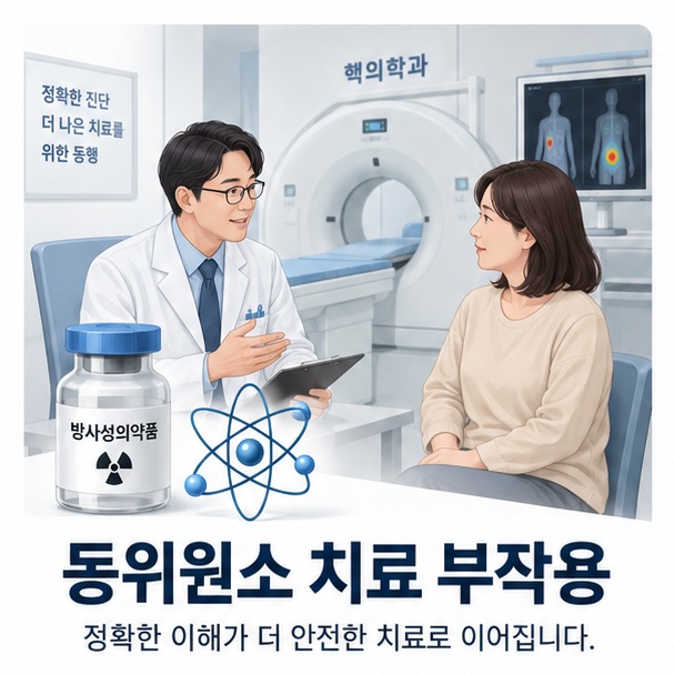 동위원소 치료 부작용이라는 제목과 방사성의약품 치료를 상징하는 원자 아이콘 및 병원 치료 장면을 표현한 대표 이미지