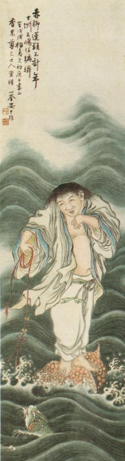<하마선인도(蝦蟆仙人圖)>, 안중식, 종이에 수묵담채, 126.2&times;33.2cm, 1898년, 서울대학교박물관 유해가 표주박을 타고, 동전 달린 붉은 끈으로 물속에 있는 두꺼비를 희롱하고 있다. 동전에 마음을 뺏긴 두꺼비 표정이 재미있다. 출렁이는 물결 묘사와 색채 감각이 돋보이는 걸작이다.