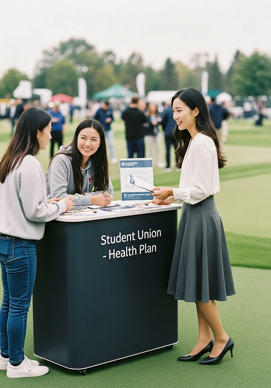 캐나다 대학 골프 토너먼트에서 학교의료보험 부스를 마련하고 상담중인 학교보험담당자의 모습