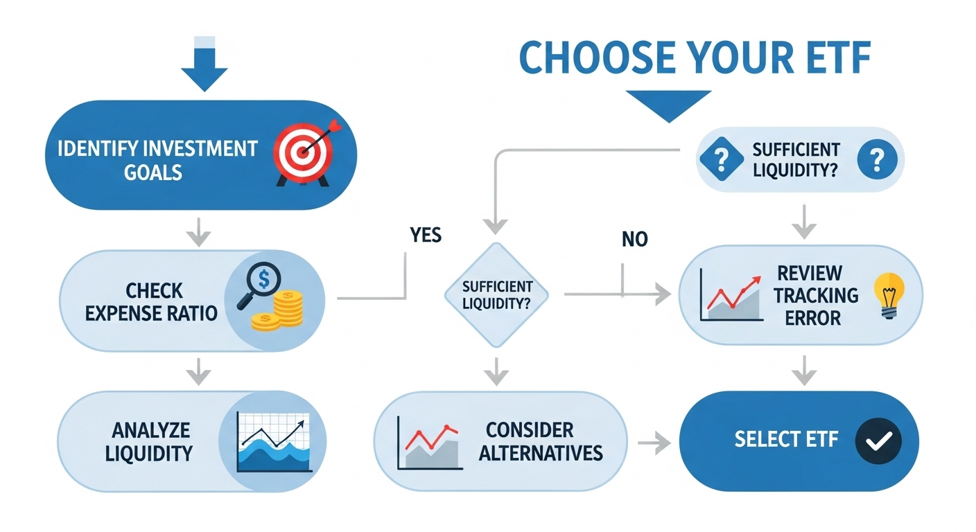 ETF 선택 과정을 보여주는 흐름도 인포그래픽: 투자 목표 설정, 운용보수 확인, 유동성 분석, 추적 오차 검토 단계