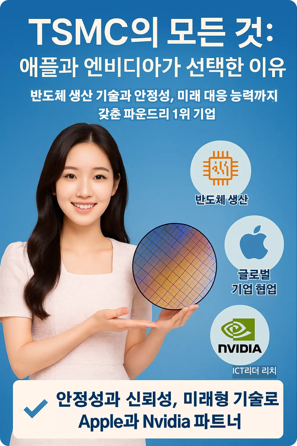TSMC 반도체 기술과 글로벌 기업 협업을 설명하는 20대 여성의 프리미엄 인포그래픽 – 애플과 엔비디아가 선택한 이유
