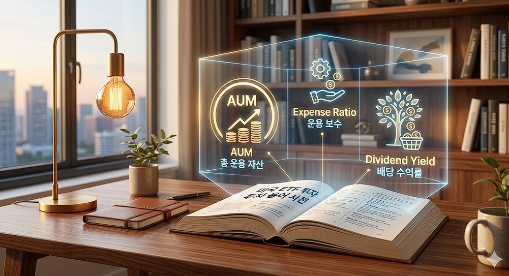 두꺼운 금융 용어 사전 위로 'AUM', 'Expense Ratio' 텍스트가 홀로그램으로 떠오르는 전문적인 3D 인포그래픽 이미지