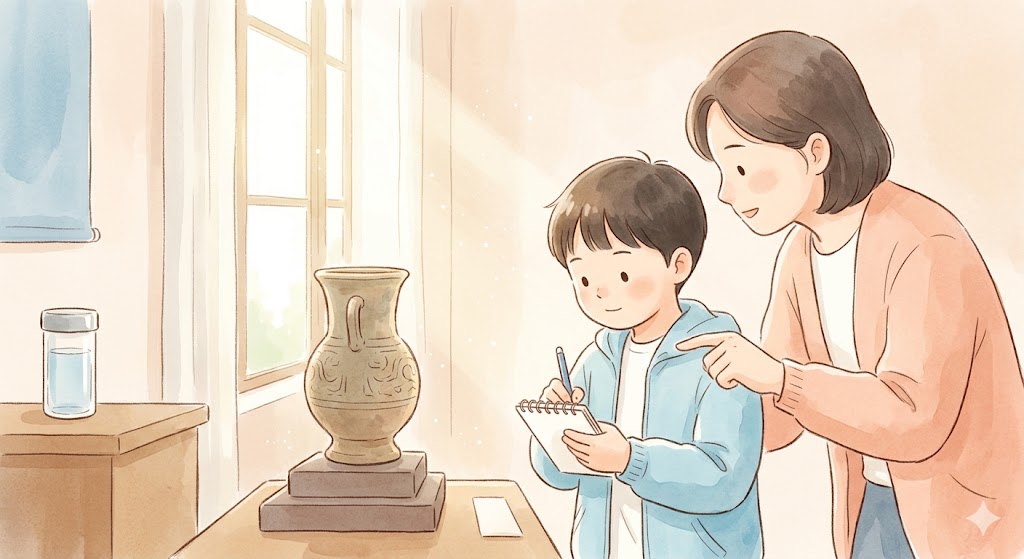 초등학생 아이가 박물관에서 유물을 관찰하며 보고서에 쓸 내용을 사진으로 찍거나 메모하는 진지한 모습. 박물관 체험학습 보고서 예시.
