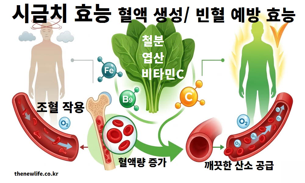 시금치 효능이 혈액 생성과 빈혈 예방을 설명하는 이미지