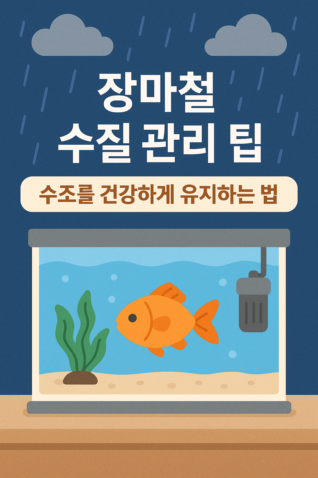 “비가 내리는 장마철 배경 위에 ‘장마철 수질 관리 팁’, ‘수조를 건강하게 유지하는 법’이라는 문구가 적혀 있고, 하단에는 물고기와 수초가 있는 어항과 여과기가 함께 그려진 일러스트 이미지”