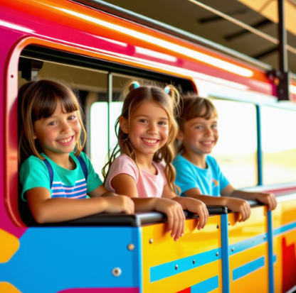 기차를 타고있는 아이 세명