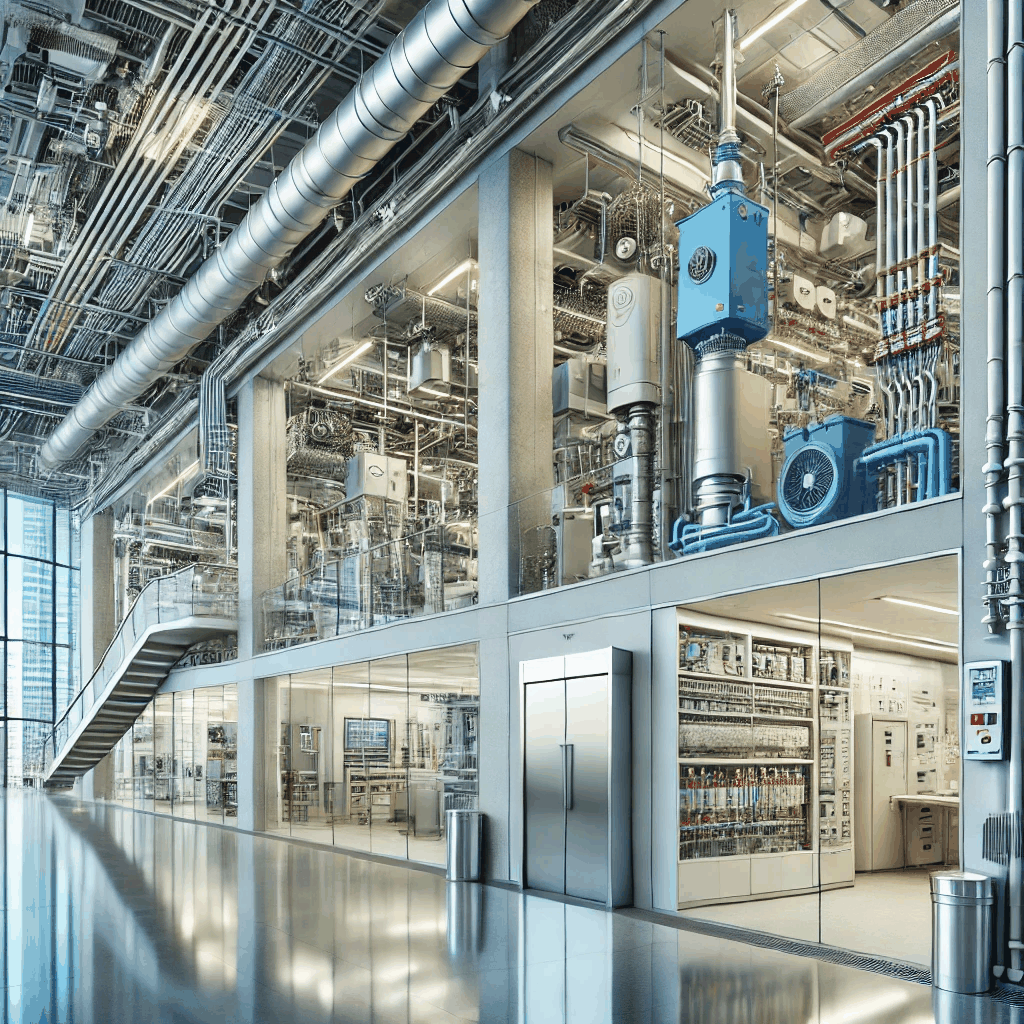 현대 건축물 내부의 전기, 기계, 위생 설비를 통합적으로 보여주는 이미지