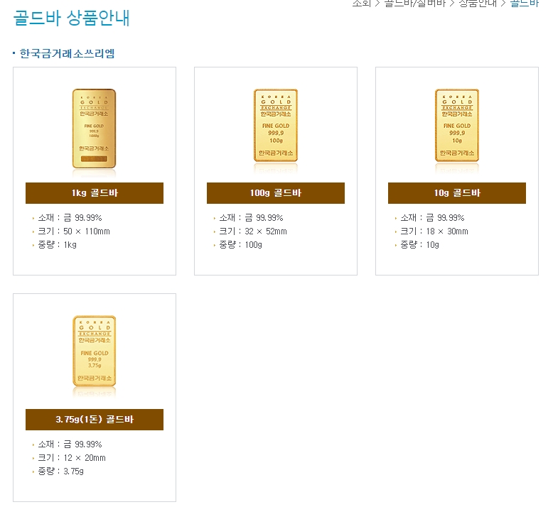 다양한 중량으로 구성된 골드바 상품의 상세 스펙 안내