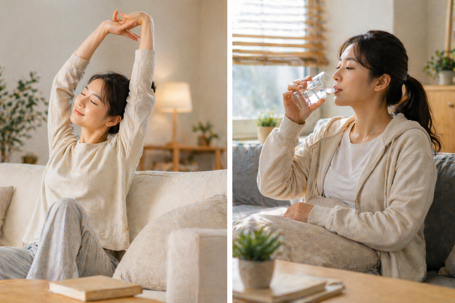 운동 후 회복을 위해 스트레칭을 하고 물을 마시며 휴식하는 모습