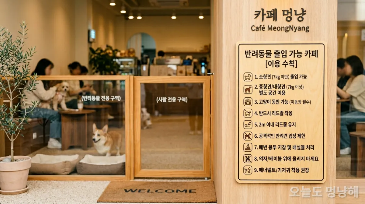 반려동물 동반 규정 및 공간 분리 안내판이 있는 깔끔한 한국 반려동물 친화 카페 입구
