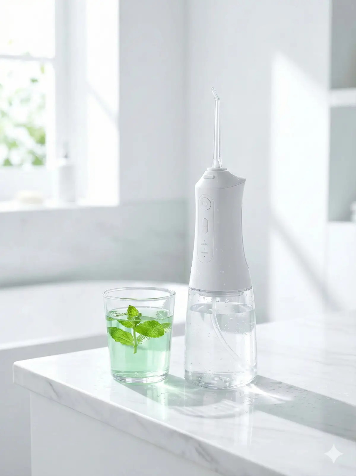 깨끗한 물 한 잔과 가글 제품이 놓인 욕실 선반, 상쾌한 분위기