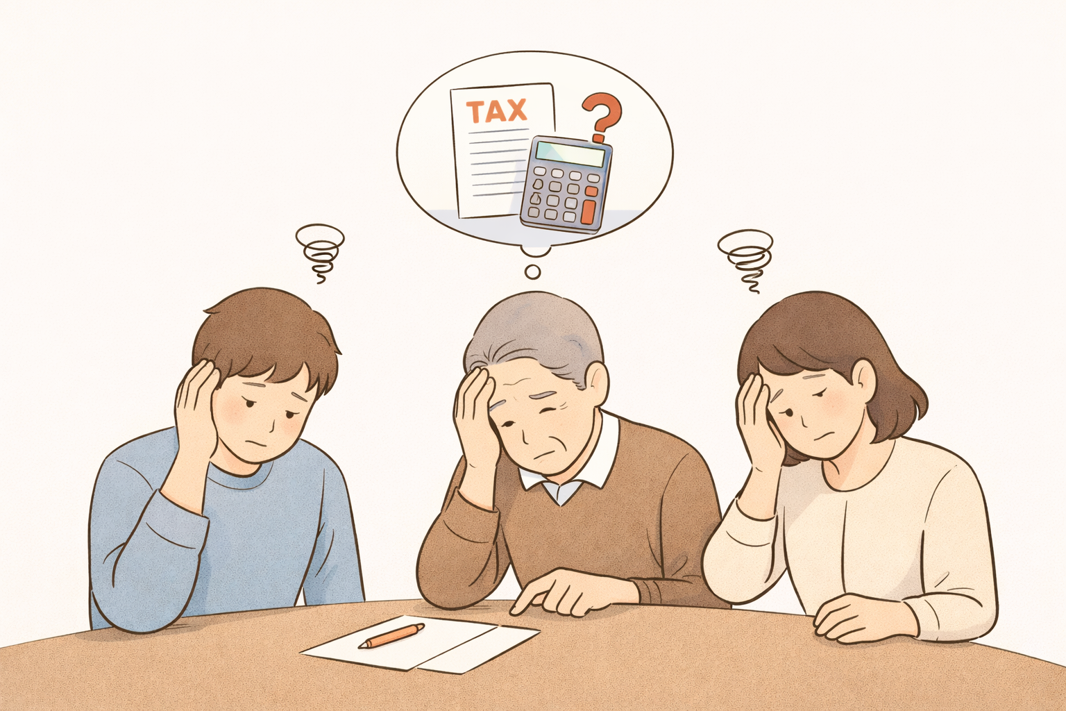 세금을 걱정하는 사람들의 이미지 일러스트