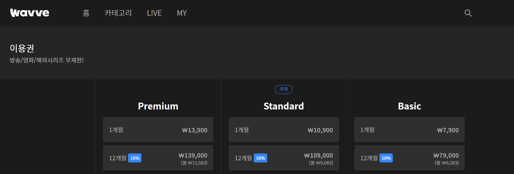 웨이브에서 안내되고 있는 이용권의 종류
