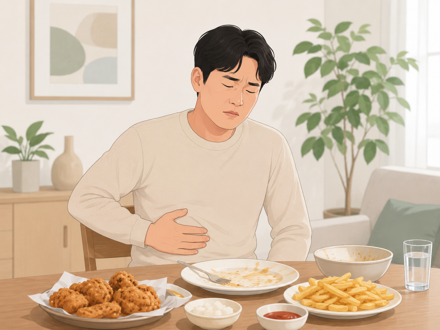 기름진 음식을 먹은 뒤 오른쪽 윗배 불편감을 느끼는 남성