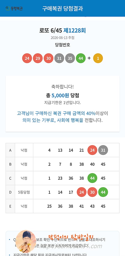 로또 6/45 제1228회 결과