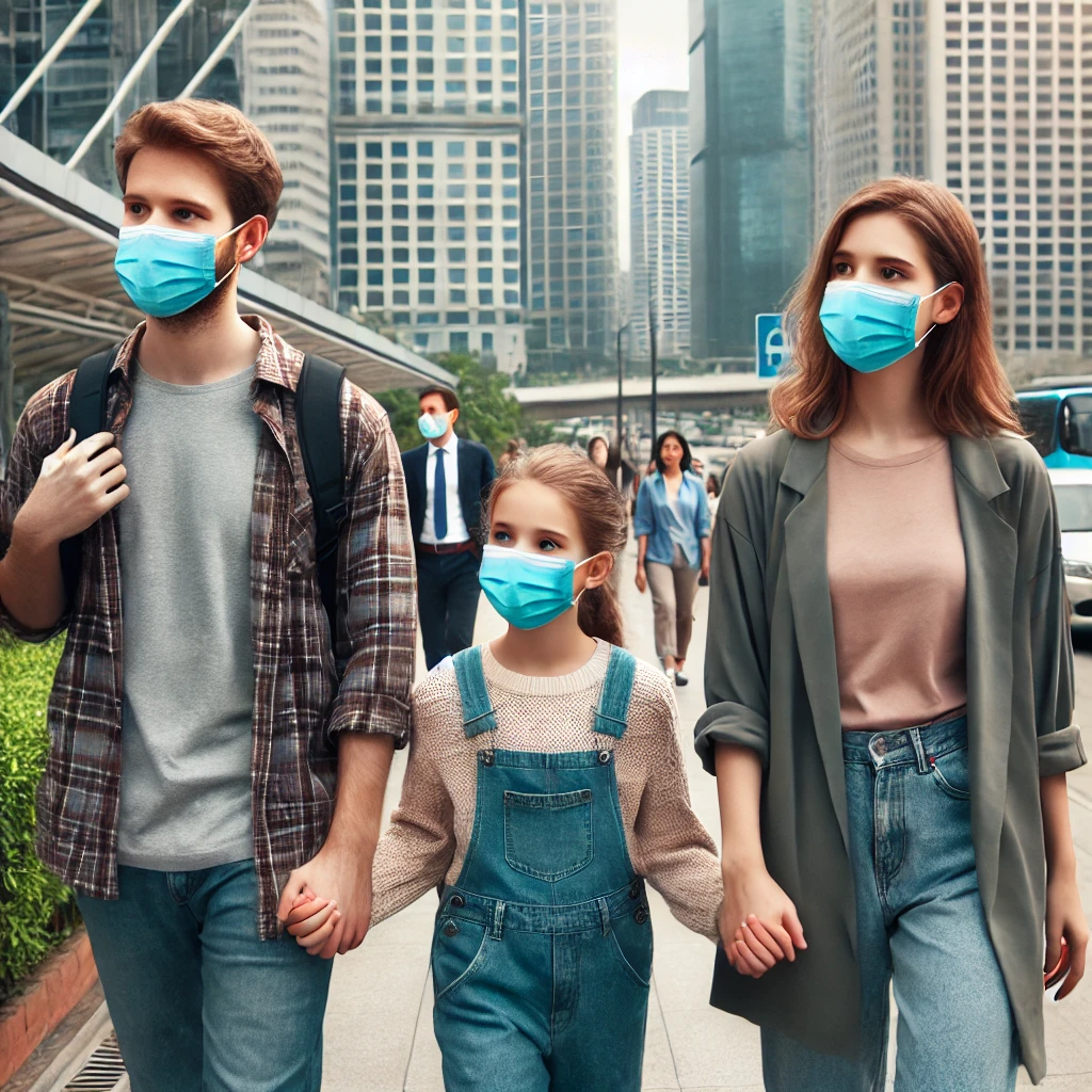 가족이 마스크를 쓰고 혼잡한 도시 지역에서 조심스럽게 걷는 장면